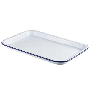 Enamel Serving Tray White With Blue Rim 38.2cm X 26.4cm 3 Enamel Serving Tray White With Blue Rim 38.2cm X 26.4cm